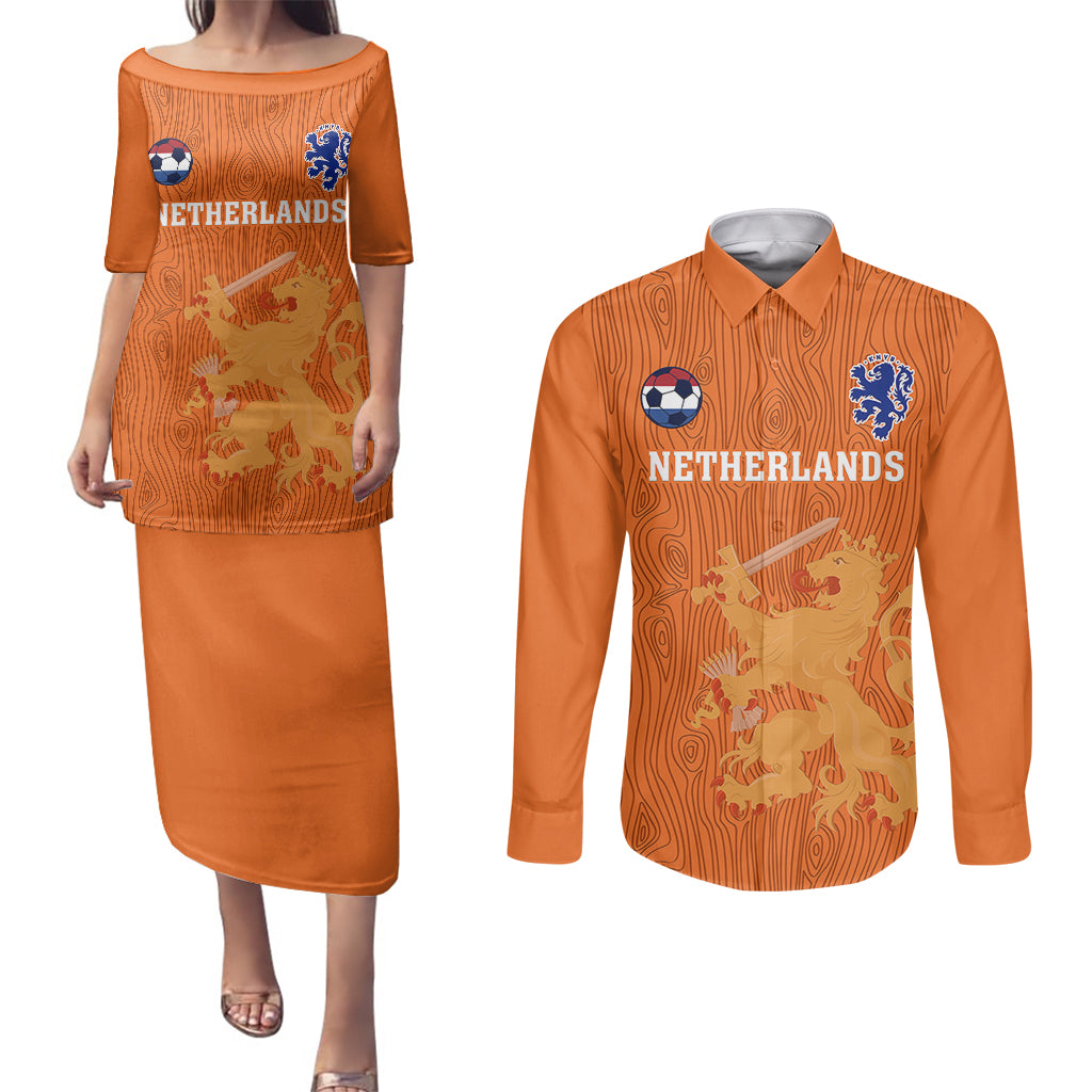 Netherlands Football Couples Matching Puletasi Dress and Long Sleeve Button Shirts Go Oranje 2023 World Cup - Wonder Print Shop