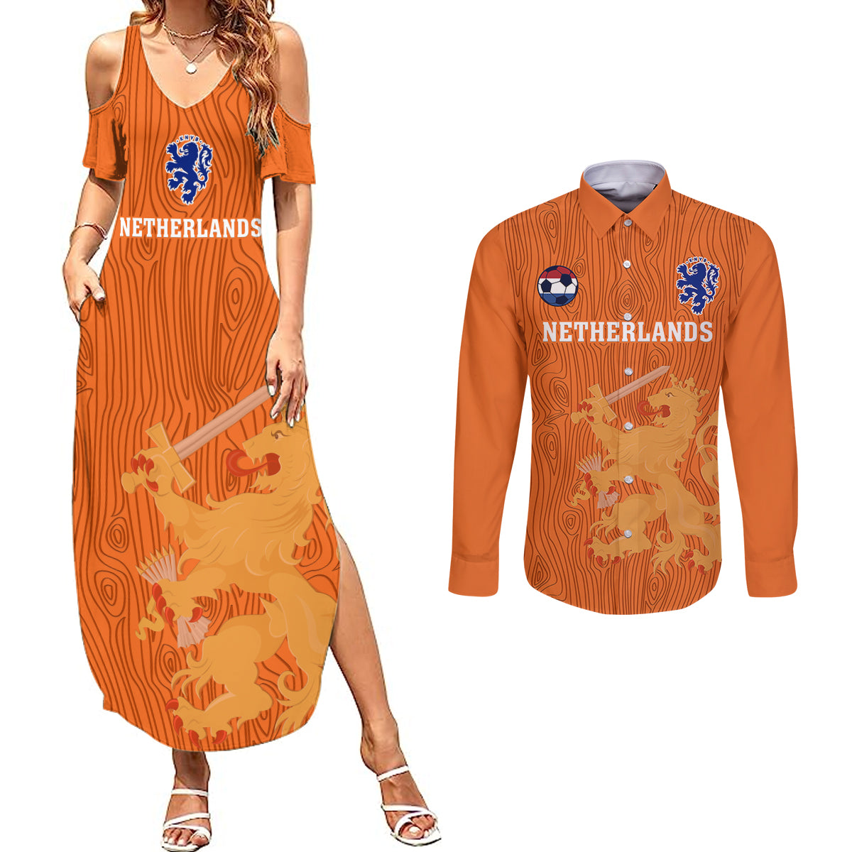 Netherlands Football Couples Matching Summer Maxi Dress and Long Sleeve Button Shirts Go Oranje 2023 World Cup - Wonder Print Shop