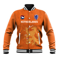 Orange baseball jacket with striped ribbed collar, button front, Netherlands crest soccer emblem