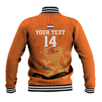 Orange baseball jacket back with ribbed striped collar, 'YOUR TEXT 14' print and crest flag