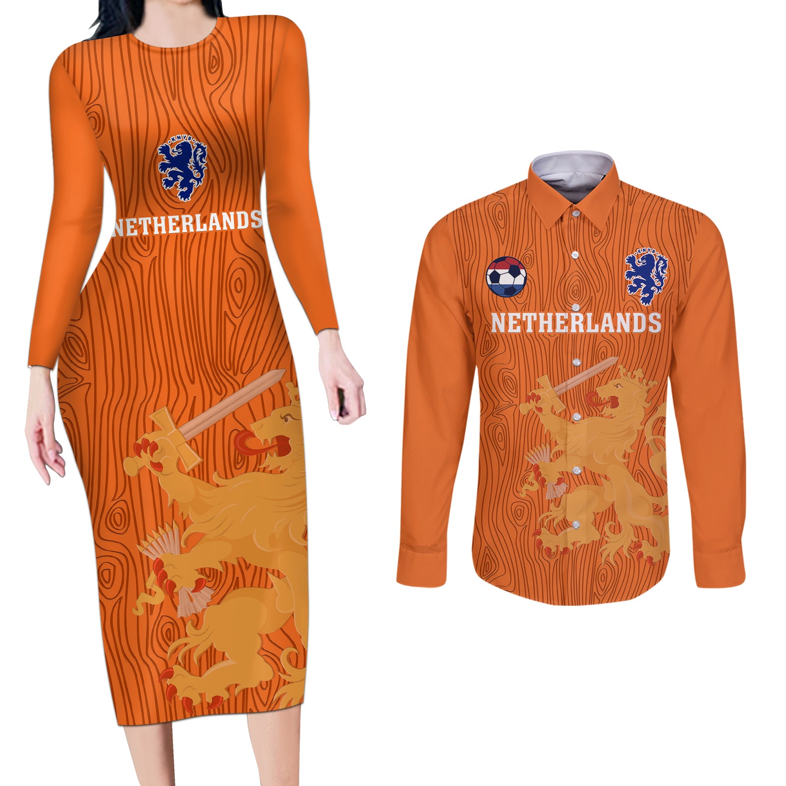 Custom Netherlands Football Couples Matching Long Sleeve Bodycon Dress and Long Sleeve Button Shirts Go Oranje 2023 World Cup - Wonder Print Shop