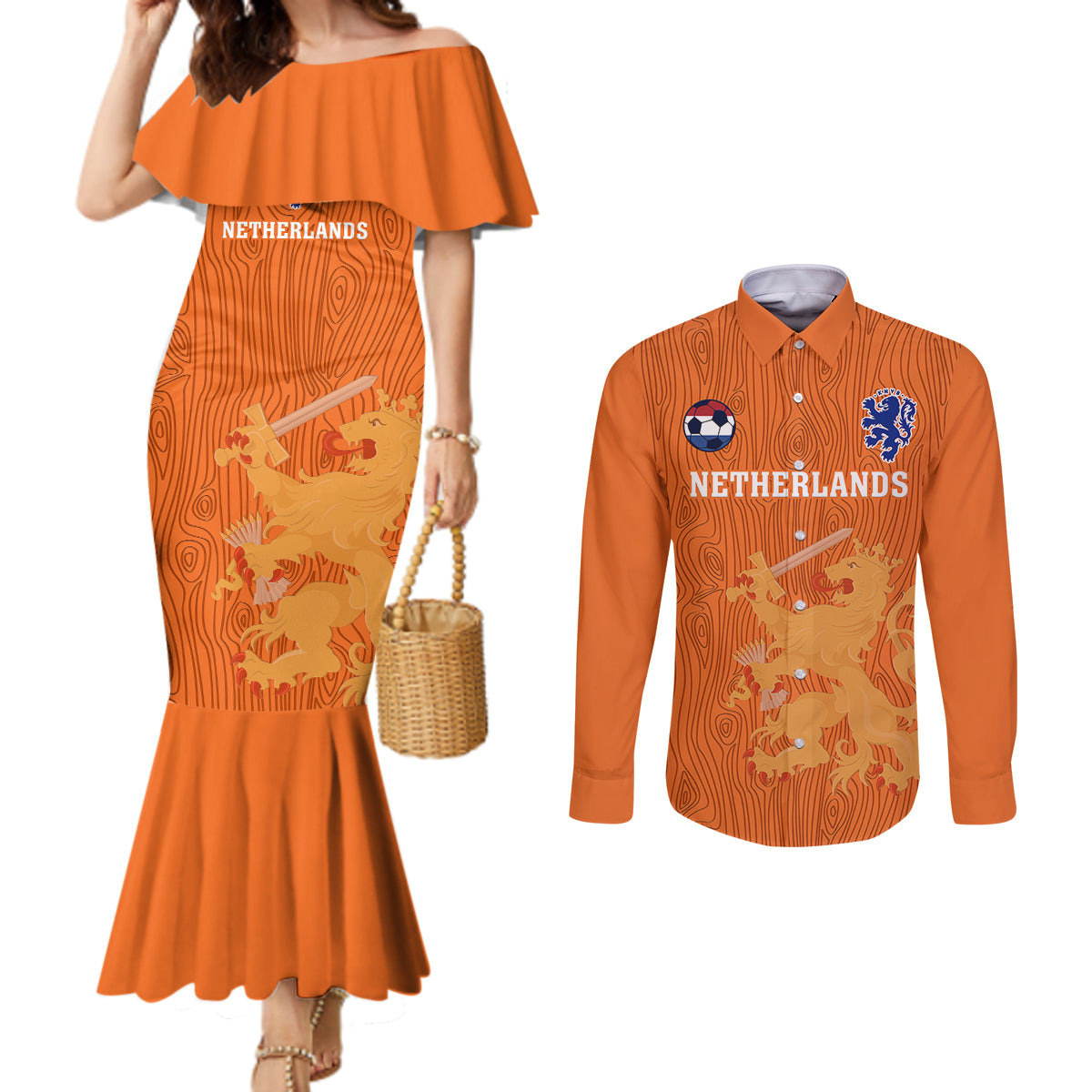 custom-netherlands-football-couples-matching-mermaid-dress-and-long-sleeve-button-shirts-go-oranje-2023-world-cup