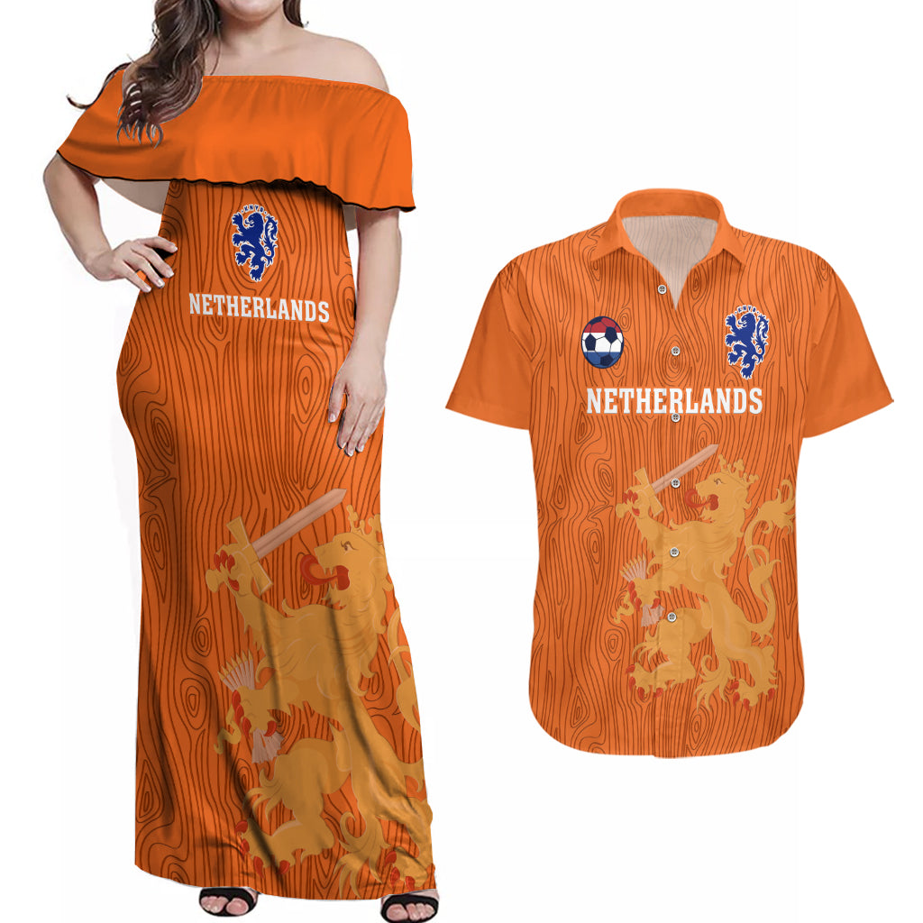 Custom Netherlands Football Couples Matching Off Shoulder Maxi Dress and Hawaiian Shirt Go Oranje 2023 World Cup - Wonder Print Shop