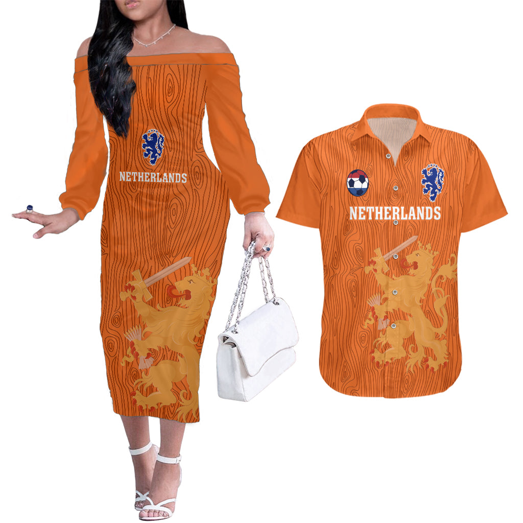 Custom Netherlands Football Couples Matching Off The Shoulder Long Sleeve Dress and Hawaiian Shirt Go Oranje 2023 World Cup - Wonder Print Shop