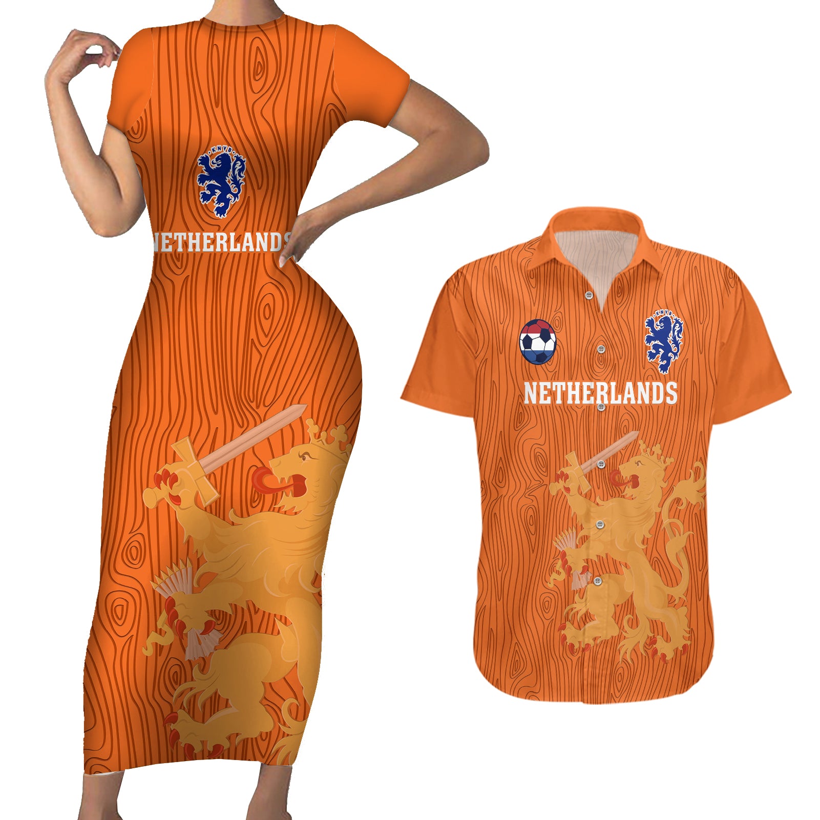 Custom Netherlands Football Couples Matching Short Sleeve Bodycon Dress and Hawaiian Shirt Go Oranje 2023 World Cup - Wonder Print Shop