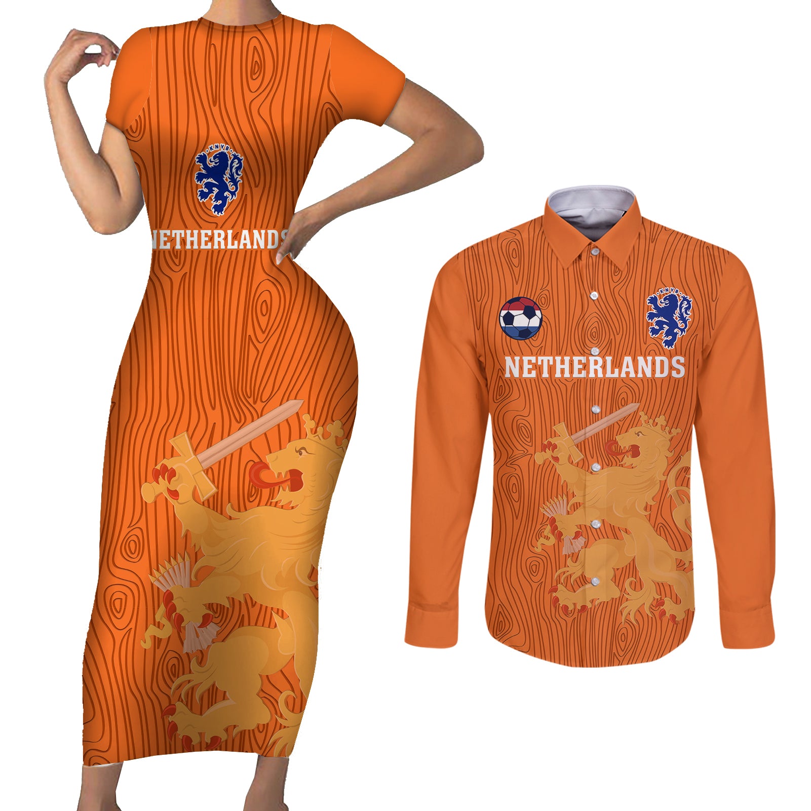 Custom Netherlands Football Couples Matching Short Sleeve Bodycon Dress and Long Sleeve Button Shirts Go Oranje 2023 World Cup - Wonder Print Shop