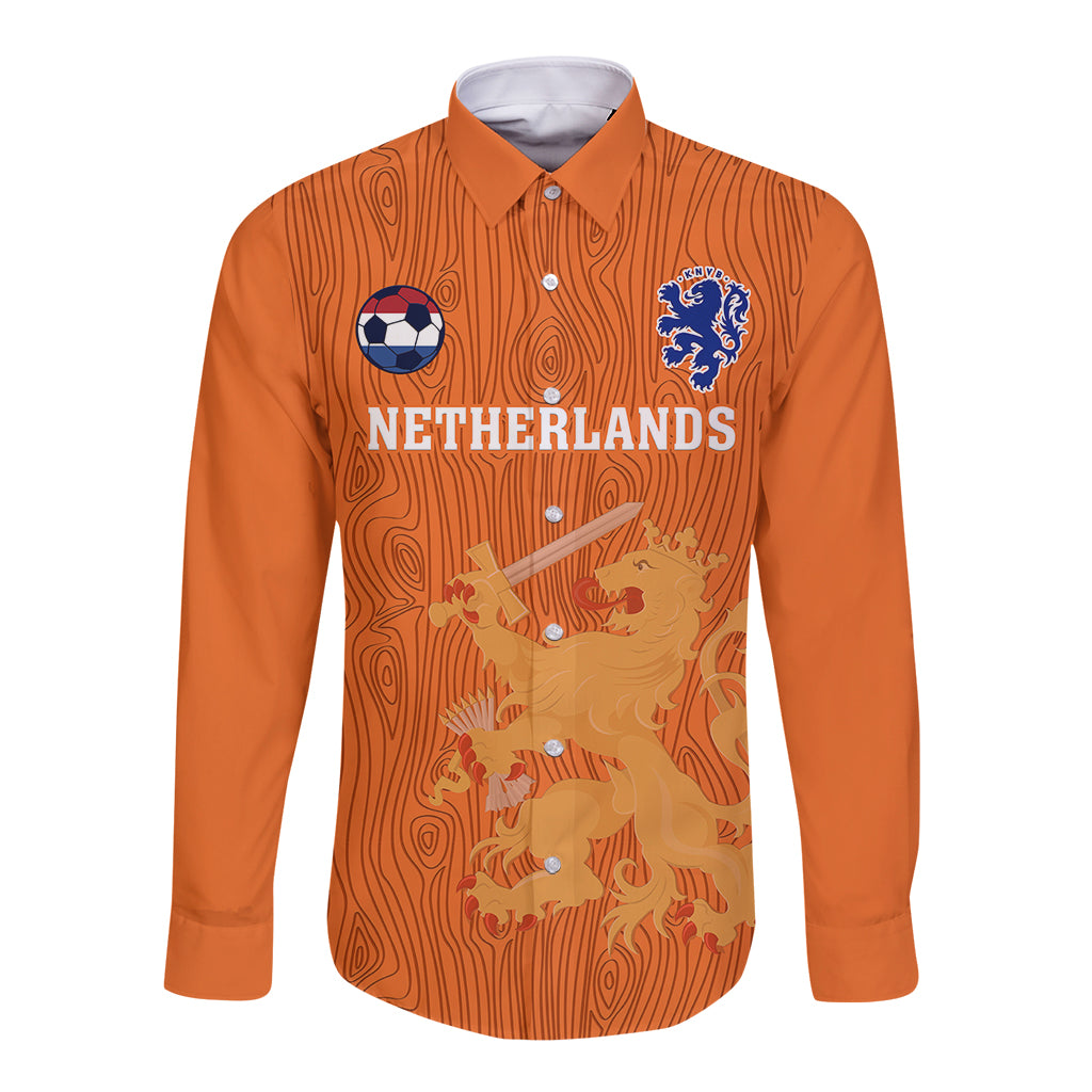Orange long-sleeve button football shirt with Netherlands front graphic and crest