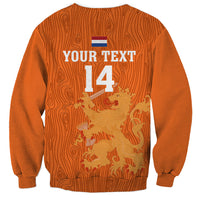 Orange crewneck sweatshirt with back print: Your Text, flag, and number 14