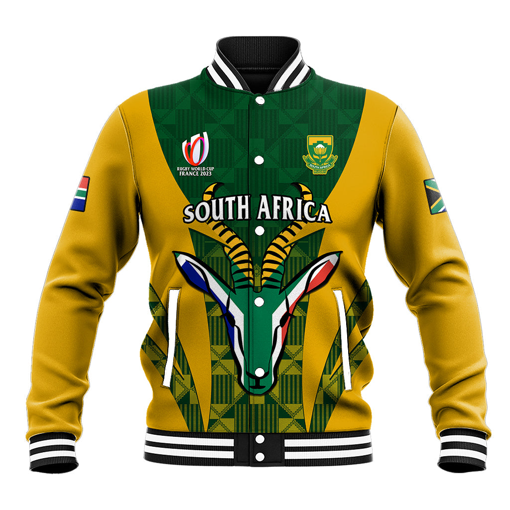 Green yellow baseball jacket, Kente-style pattern, striped ribbed collar, snap front