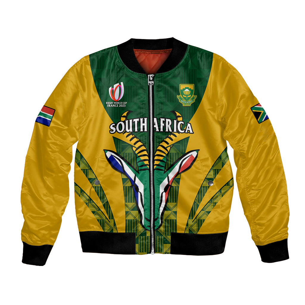 Green and yellow bomber jacket with full zip, kente panel design, ribbed cuffs and hem