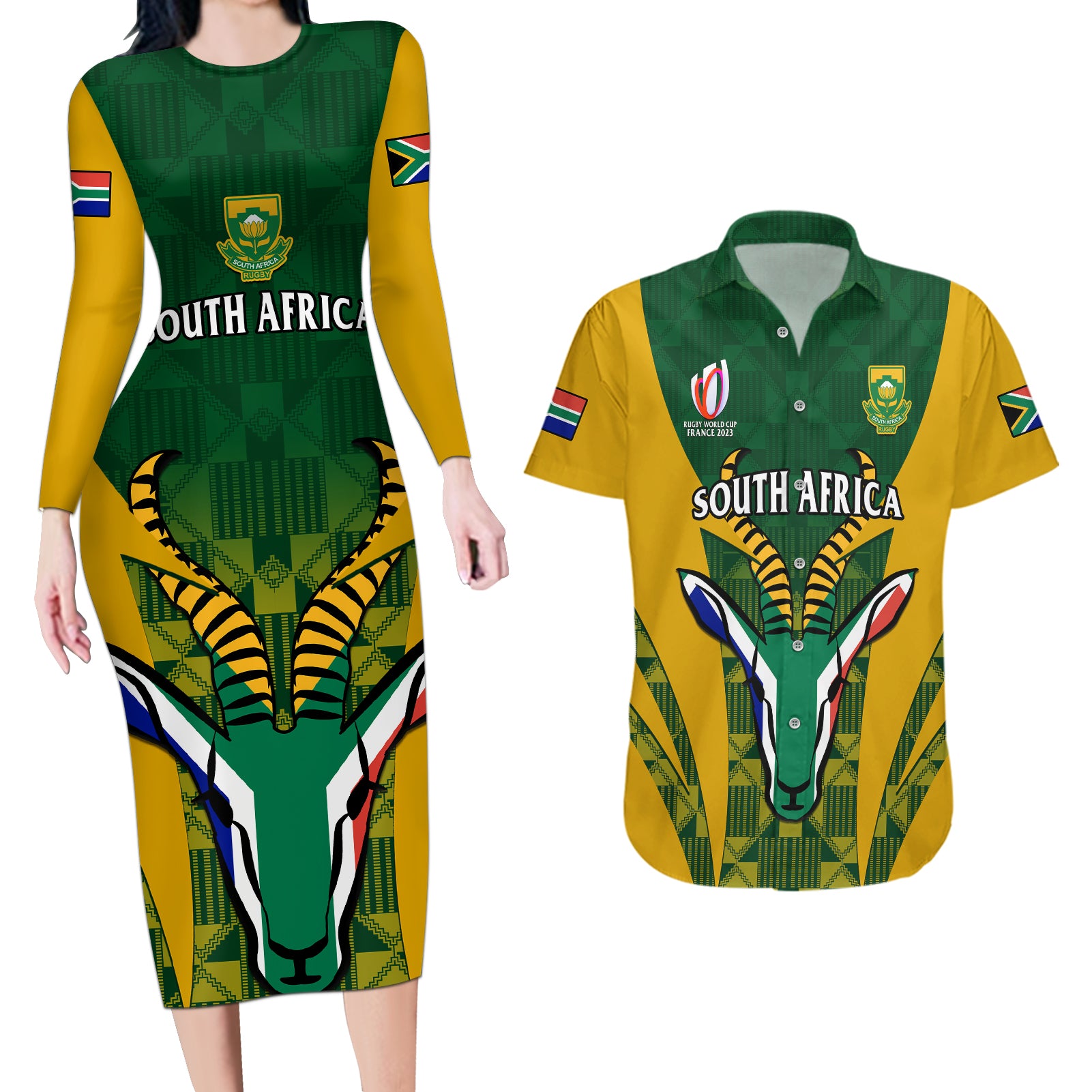 South Africa Rugby Couples Matching Long Sleeve Bodycon Dress and Hawaiian Shirt Go Springboks Kente Pattern With Bokke - Wonder Print Shop