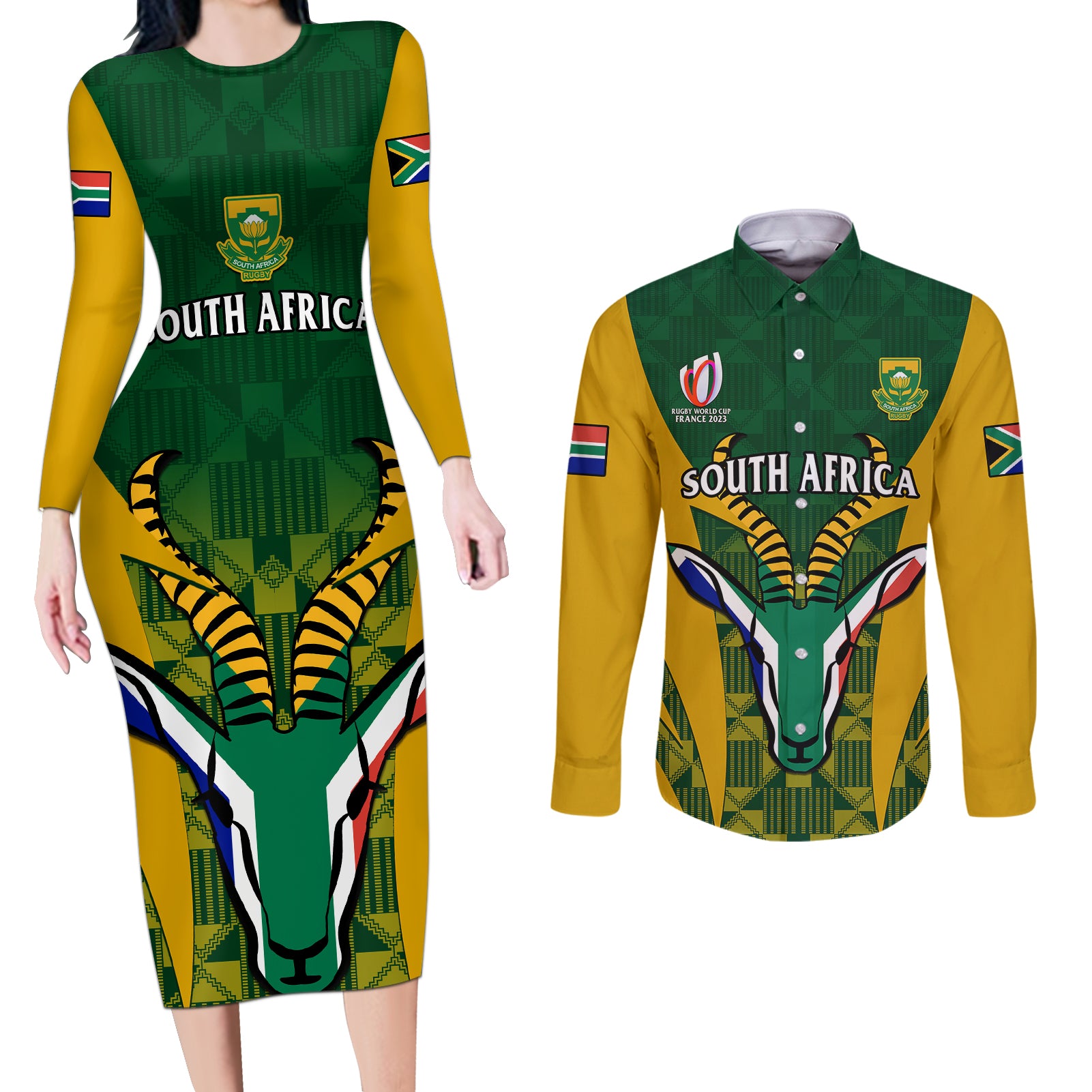 South Africa Rugby Couples Matching Long Sleeve Bodycon Dress and Long Sleeve Button Shirts Go Springboks Kente Pattern With Bokke - Wonder Print Shop