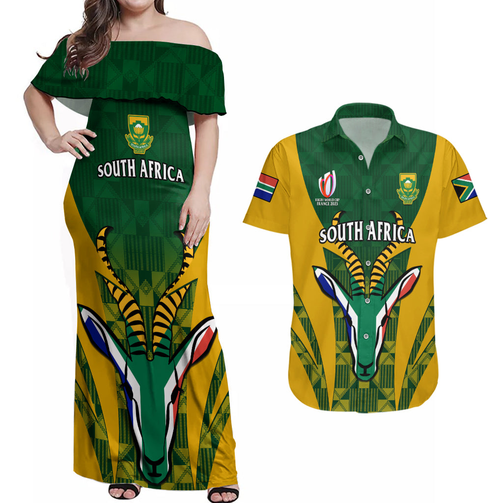 South Africa Rugby Couples Matching Off Shoulder Maxi Dress and Hawaiian Shirt Go Springboks Kente Pattern With Bokke - Wonder Print Shop