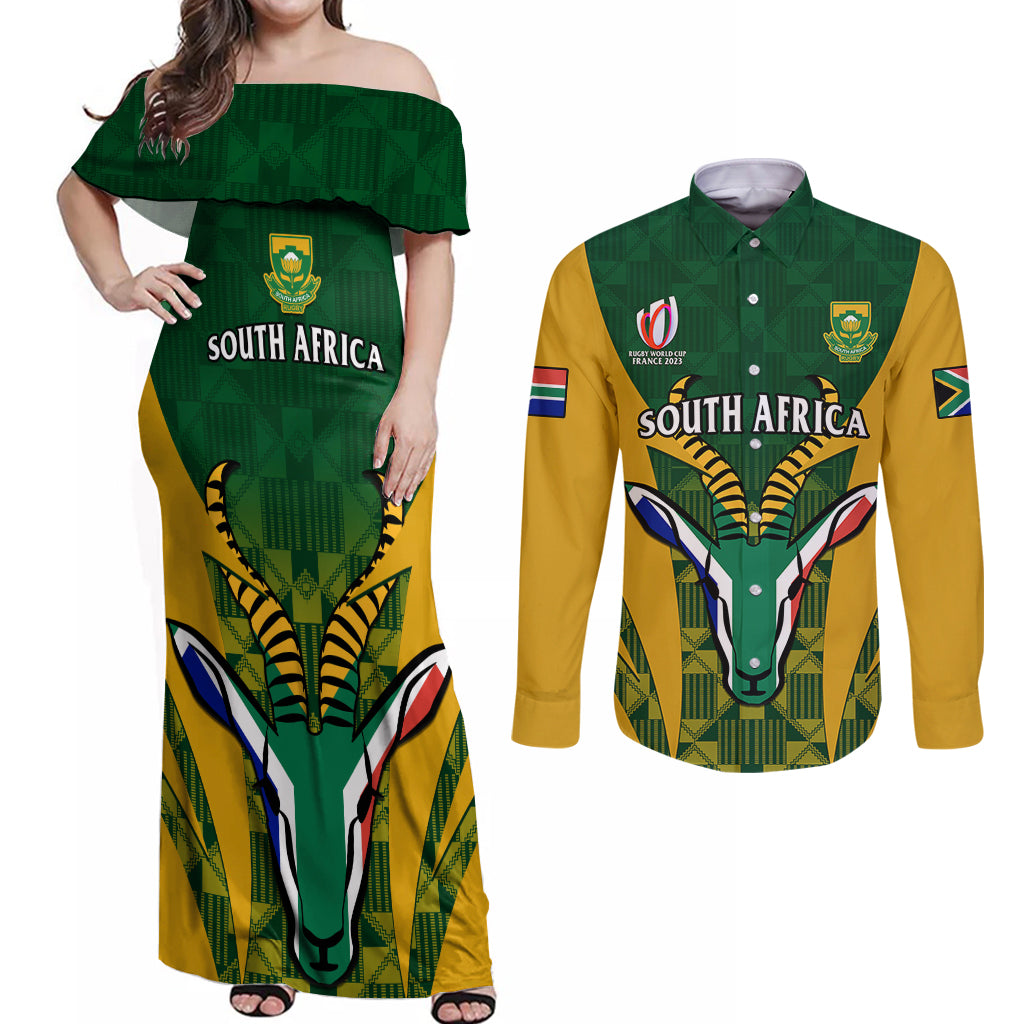 South Africa Rugby Couples Matching Off Shoulder Maxi Dress and Long Sleeve Button Shirts Go Springboks Kente Pattern With Bokke - Wonder Print Shop