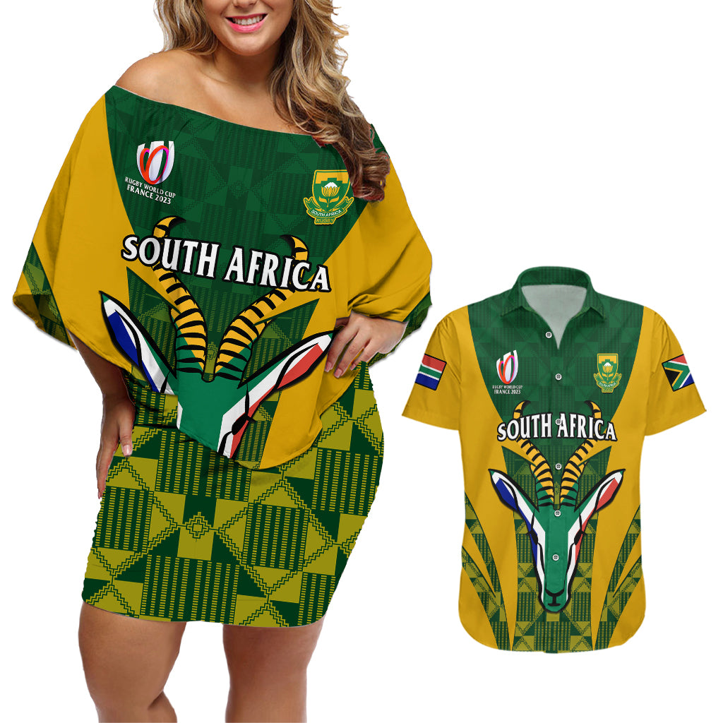 South Africa Rugby Couples Matching Off Shoulder Short Dress and Hawaiian Shirt Go Springboks Kente Pattern With Bokke - Wonder Print Shop