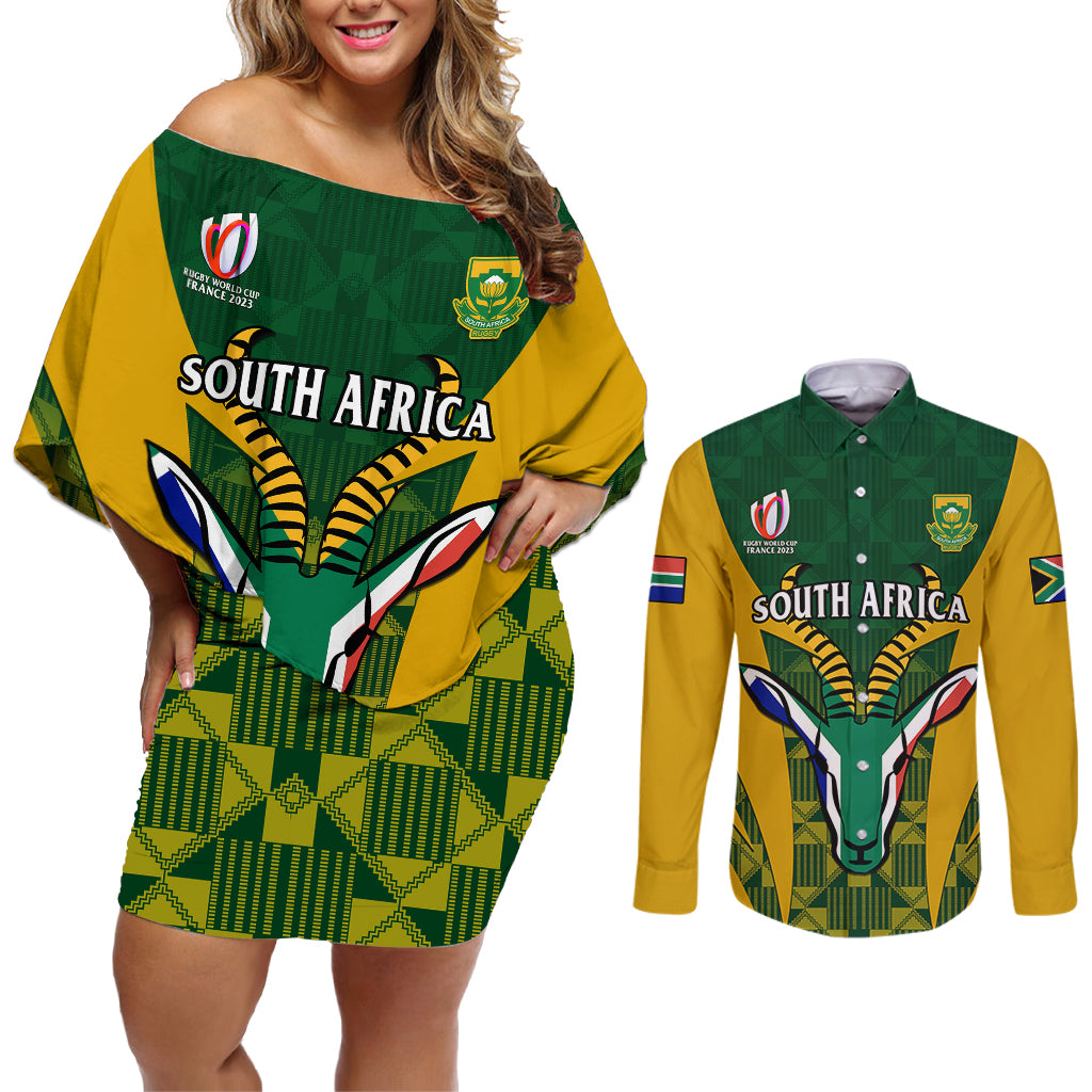 South Africa Rugby Couples Matching Off Shoulder Short Dress and Long Sleeve Button Shirts Go Springboks Kente Pattern With Bokke - Wonder Print Shop