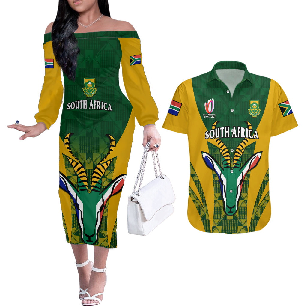 South Africa Rugby Couples Matching Off The Shoulder Long Sleeve Dress and Hawaiian Shirt Go Springboks Kente Pattern With Bokke - Wonder Print Shop