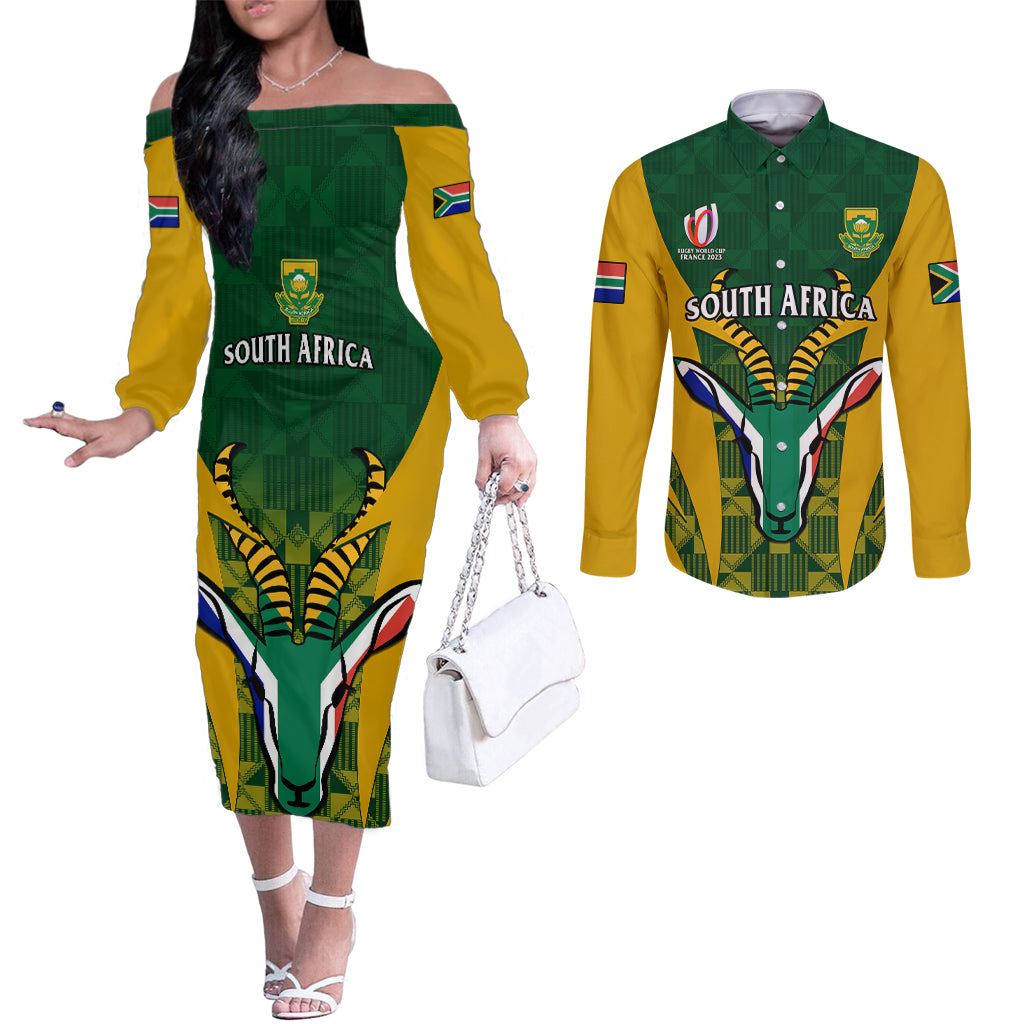 south-africa-rugby-couples-matching-off-the-shoulder-long-sleeve-dress-and-long-sleeve-button-shirts-go-springboks-kente-pattern-with-bokke