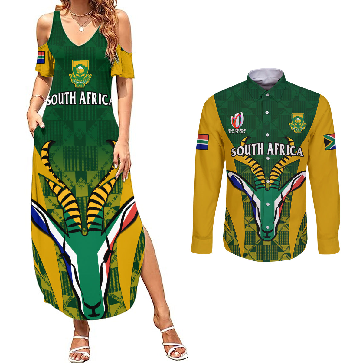 South Africa Rugby Couples Matching Summer Maxi Dress and Long Sleeve Button Shirts Go Springboks Kente Pattern With Bokke - Wonder Print Shop