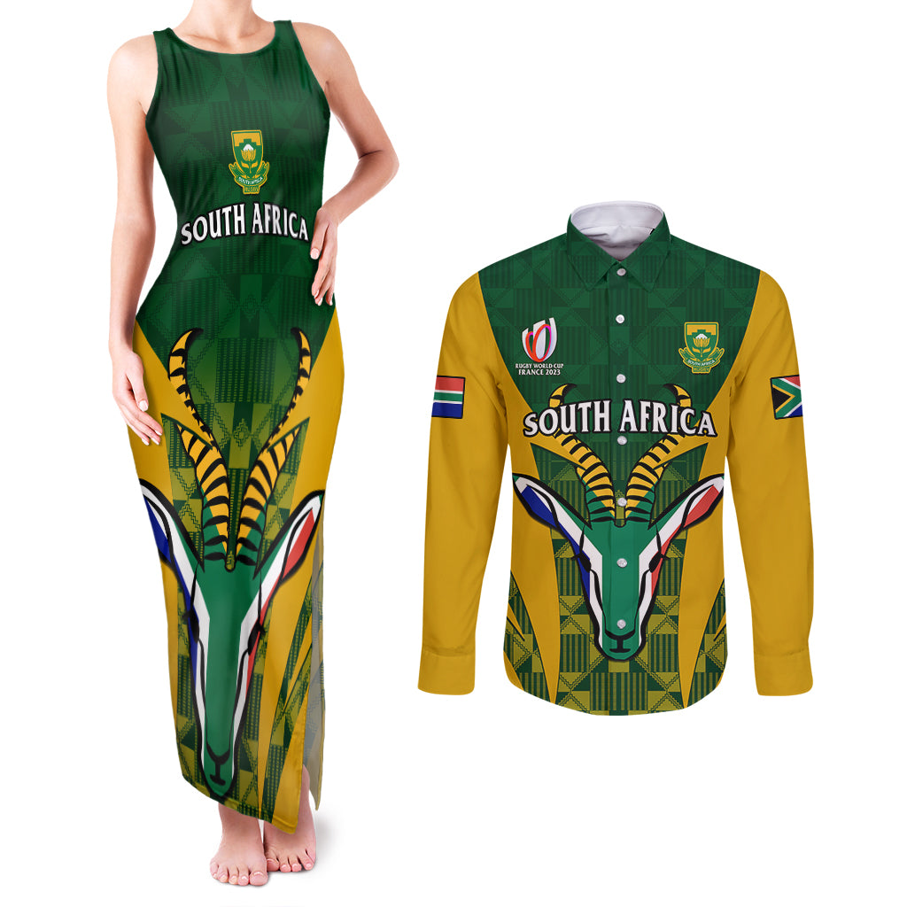 South Africa Rugby Couples Matching Tank Maxi Dress and Long Sleeve Button Shirts Go Springboks Kente Pattern With Bokke - Wonder Print Shop