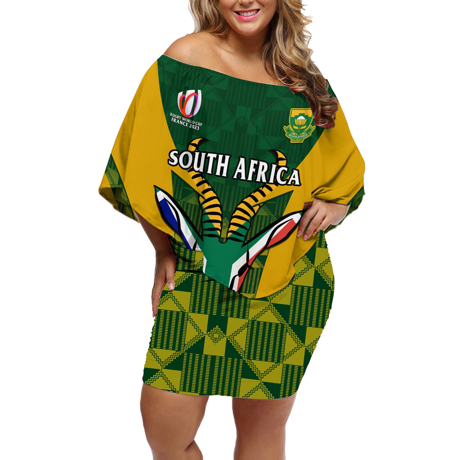 South Africa Rugby Off Shoulder Short Dress Go Springboks Kente Pattern With Bokke - Wonder Print Shop