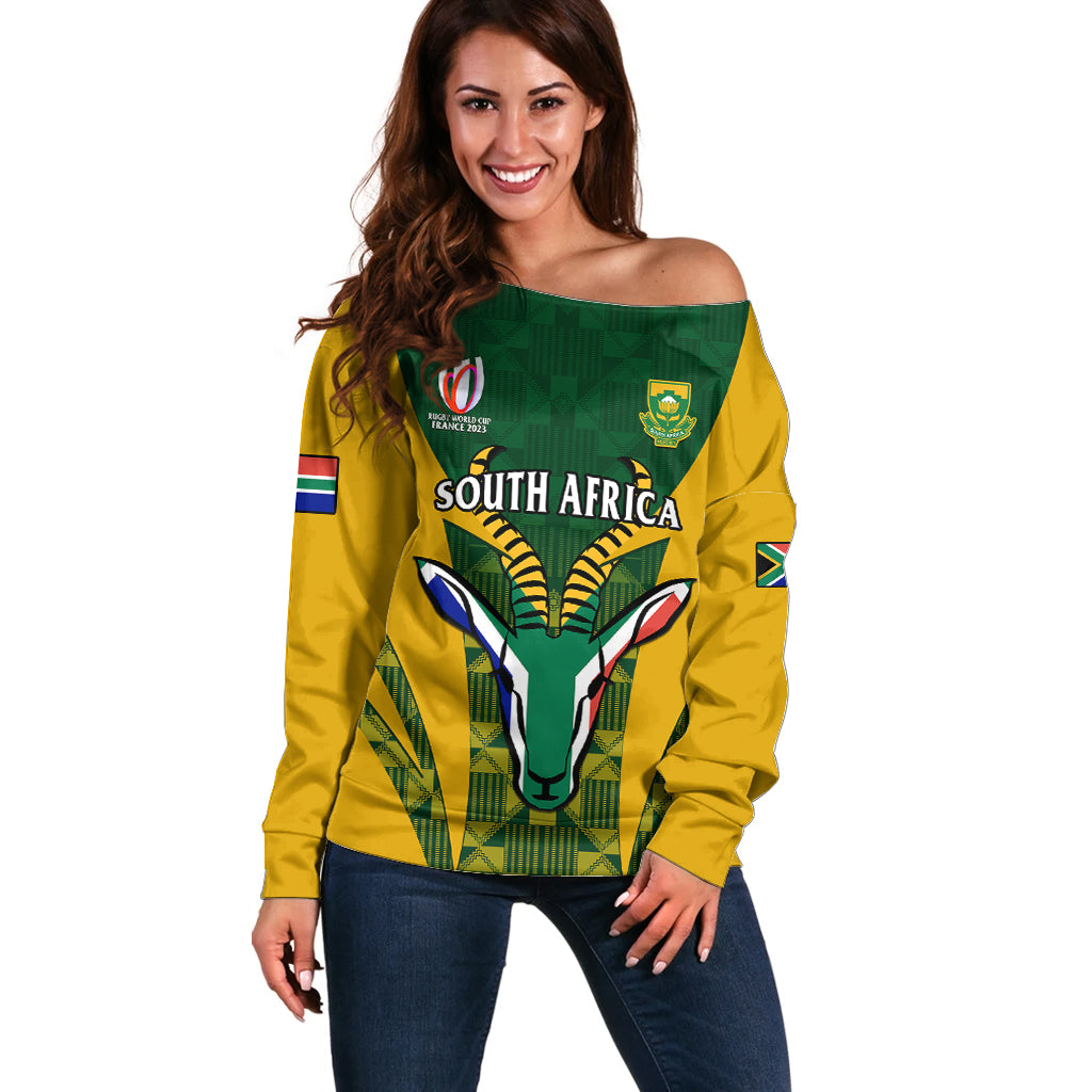 South Africa Rugby Off Shoulder Sweater Go Springboks Kente Pattern With Bokke - Wonder Print Shop