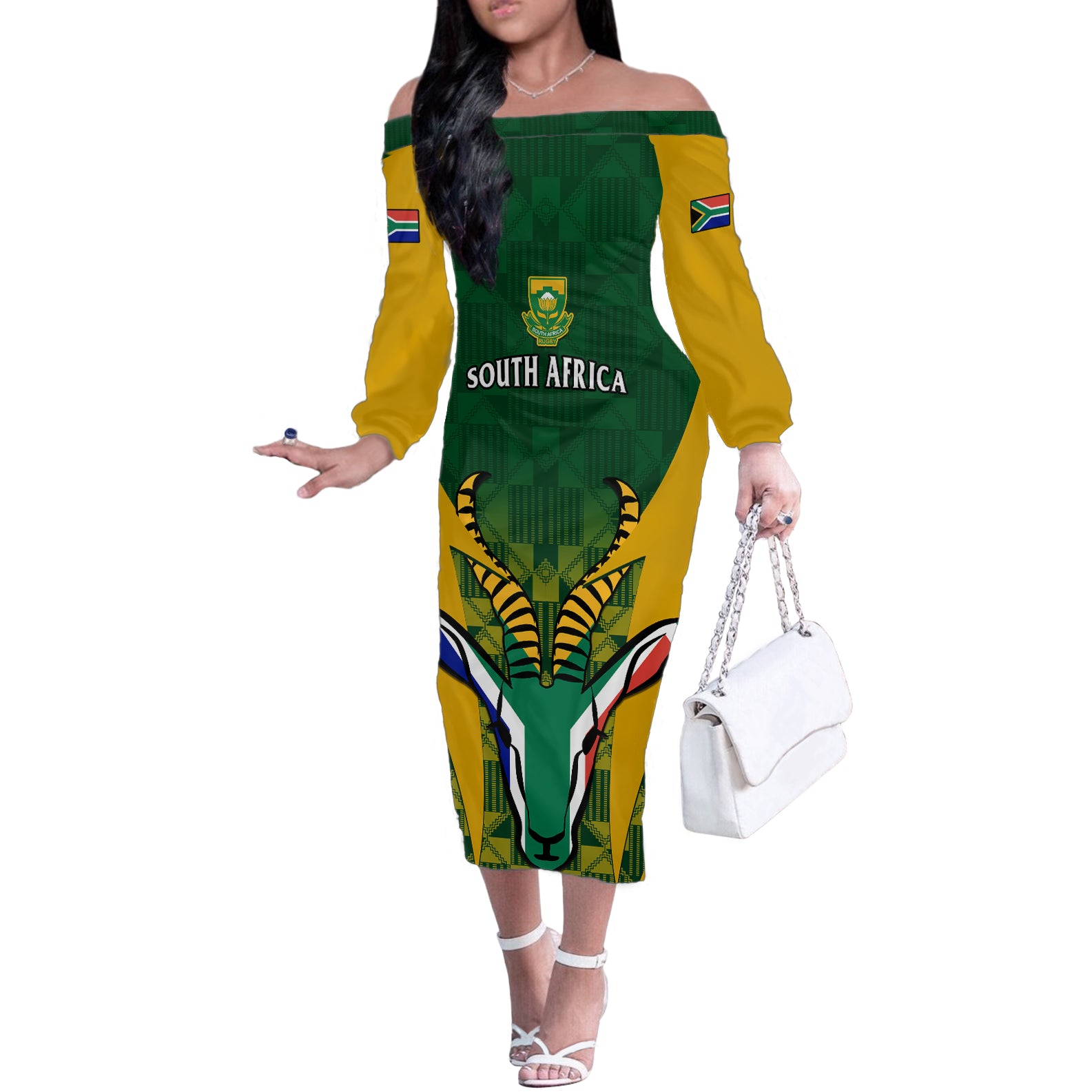 South Africa Rugby Off The Shoulder Long Sleeve Dress Go Springboks Kente Pattern With Bokke - Wonder Print Shop