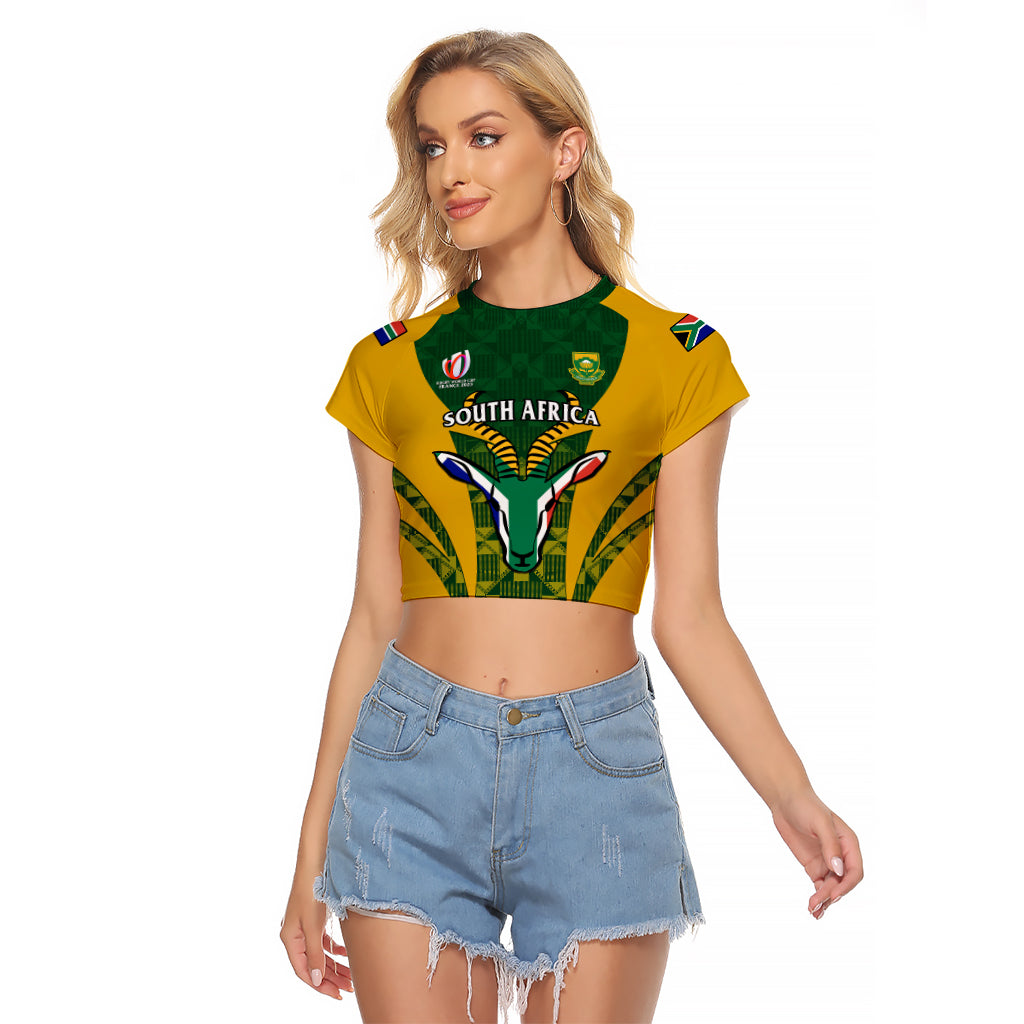 South Africa Rugby Raglan Cropped T Shirt Go Springboks Kente Pattern With Bokke - Wonder Print Shop