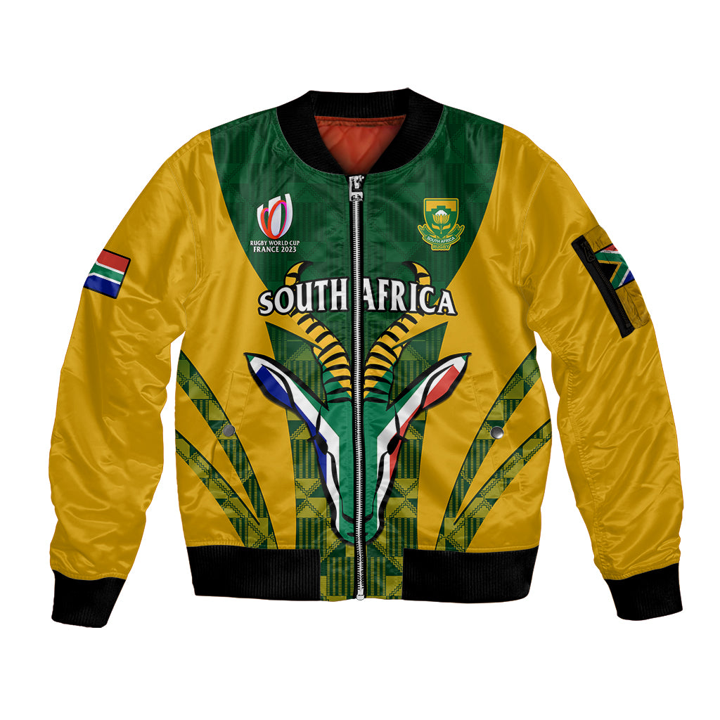 South Africa Rugby Sleeve Zip Bomber Jacket Go Springboks Kente Pattern With Bokke - Wonder Print Shop