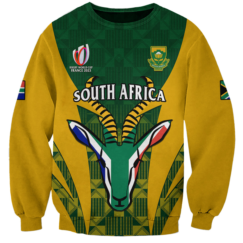 Unisex rugby sweatshirt with green and gold Kente-style pattern, Springboks front graphic