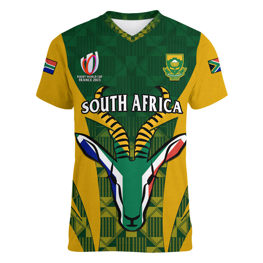 South Africa Rugby Women V Neck T Shirt Go Springboks Kente Pattern With Bokke - Wonder Print Shop