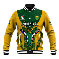 South Africa rugby baseball jacket, green Kente pattern with yellow sleeves, snap front