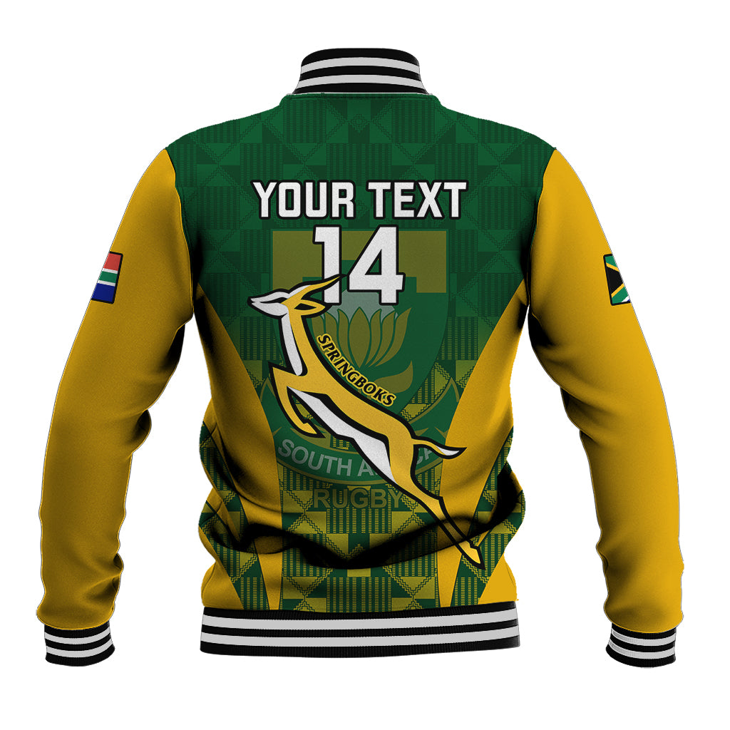 Back of South Africa rugby baseball jacket, green Kente pattern, "YOUR TEXT 14" print