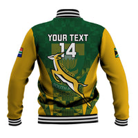 Back of South Africa rugby baseball jacket, green Kente pattern, "YOUR TEXT 14" print