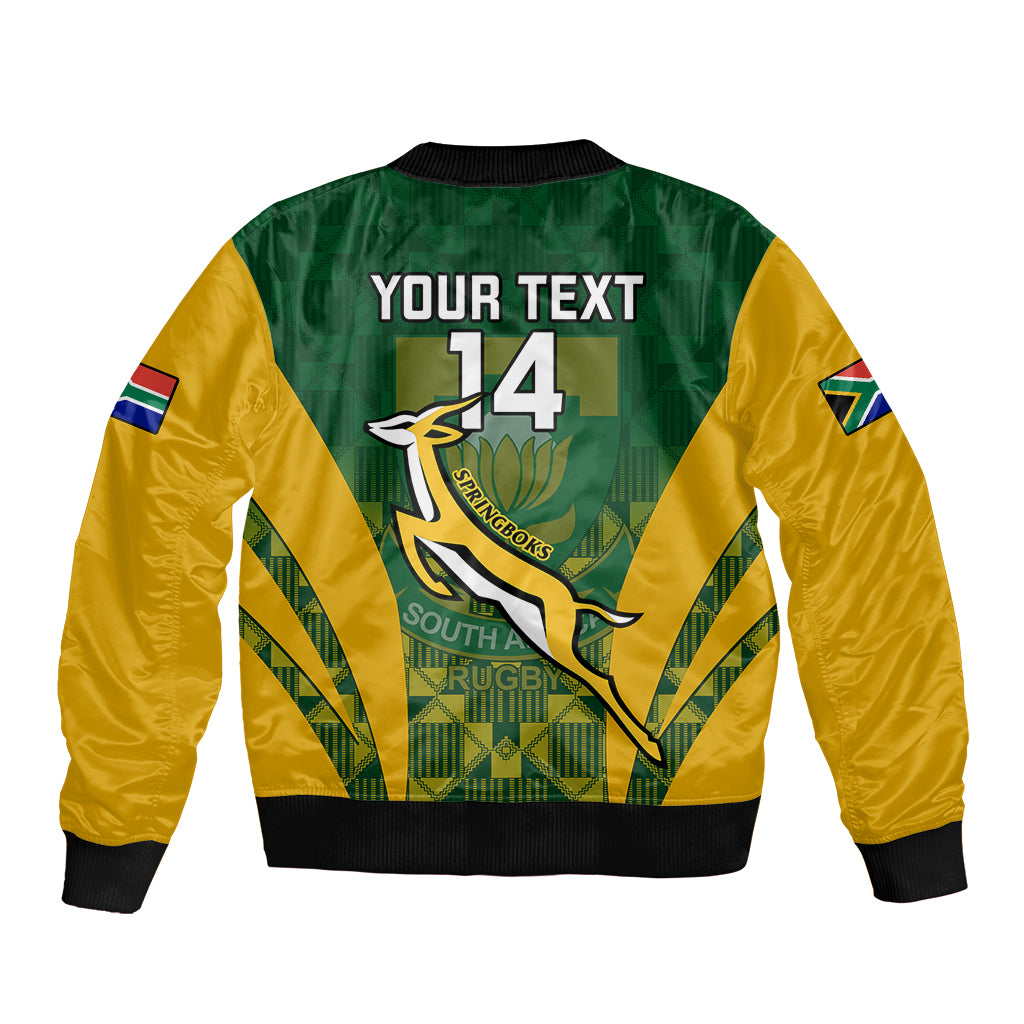 Green and yellow bomber jacket, back graphic with '14', rugby and South Africa text