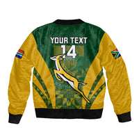 Green and yellow bomber jacket, back graphic with '14', rugby and South Africa text