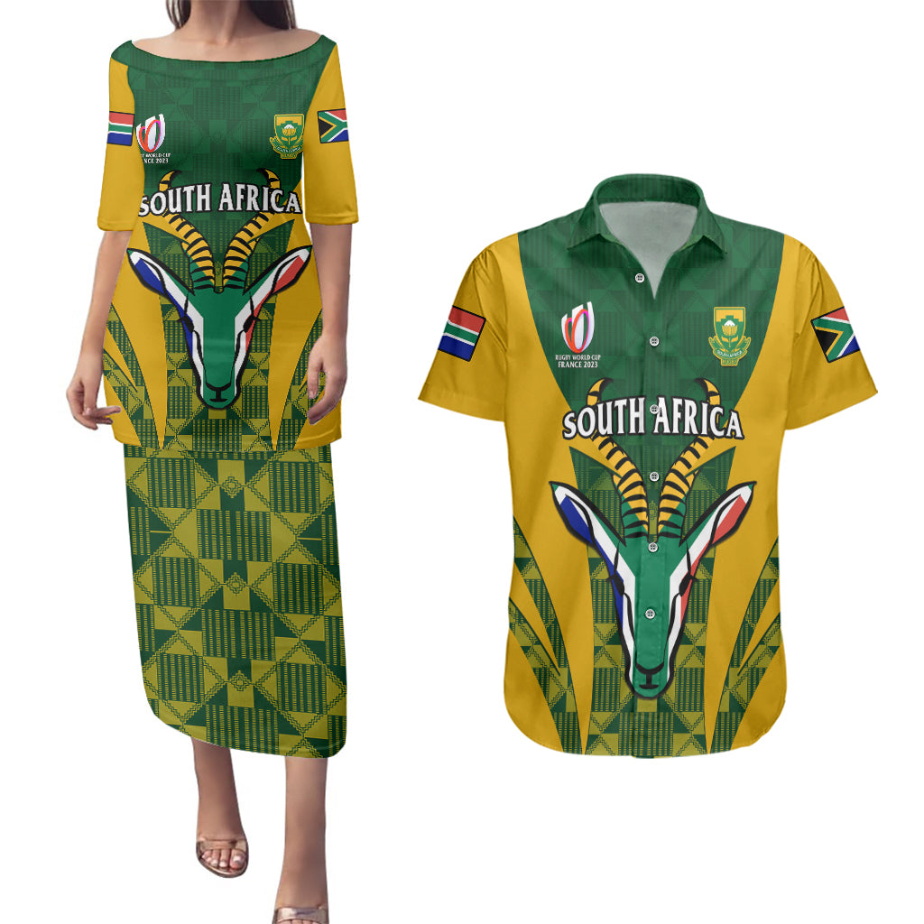 Custom South Africa Rugby Couples Matching Puletasi Dress and Hawaiian Shirt Go Springboks Kente Pattern With Bokke - Wonder Print Shop