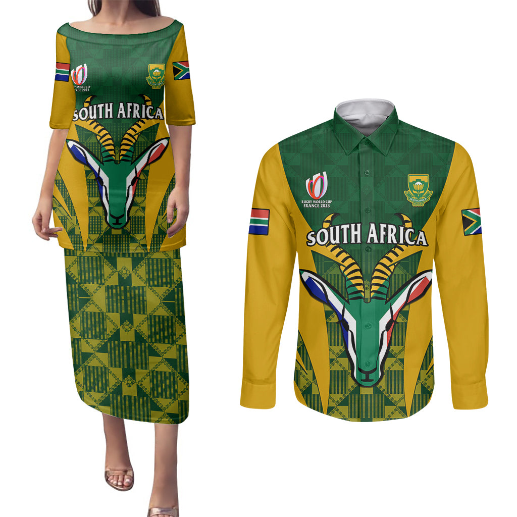 Custom South Africa Rugby Couples Matching Puletasi Dress and Long Sleeve Button Shirts Go Springboks Kente Pattern With Bokke - Wonder Print Shop