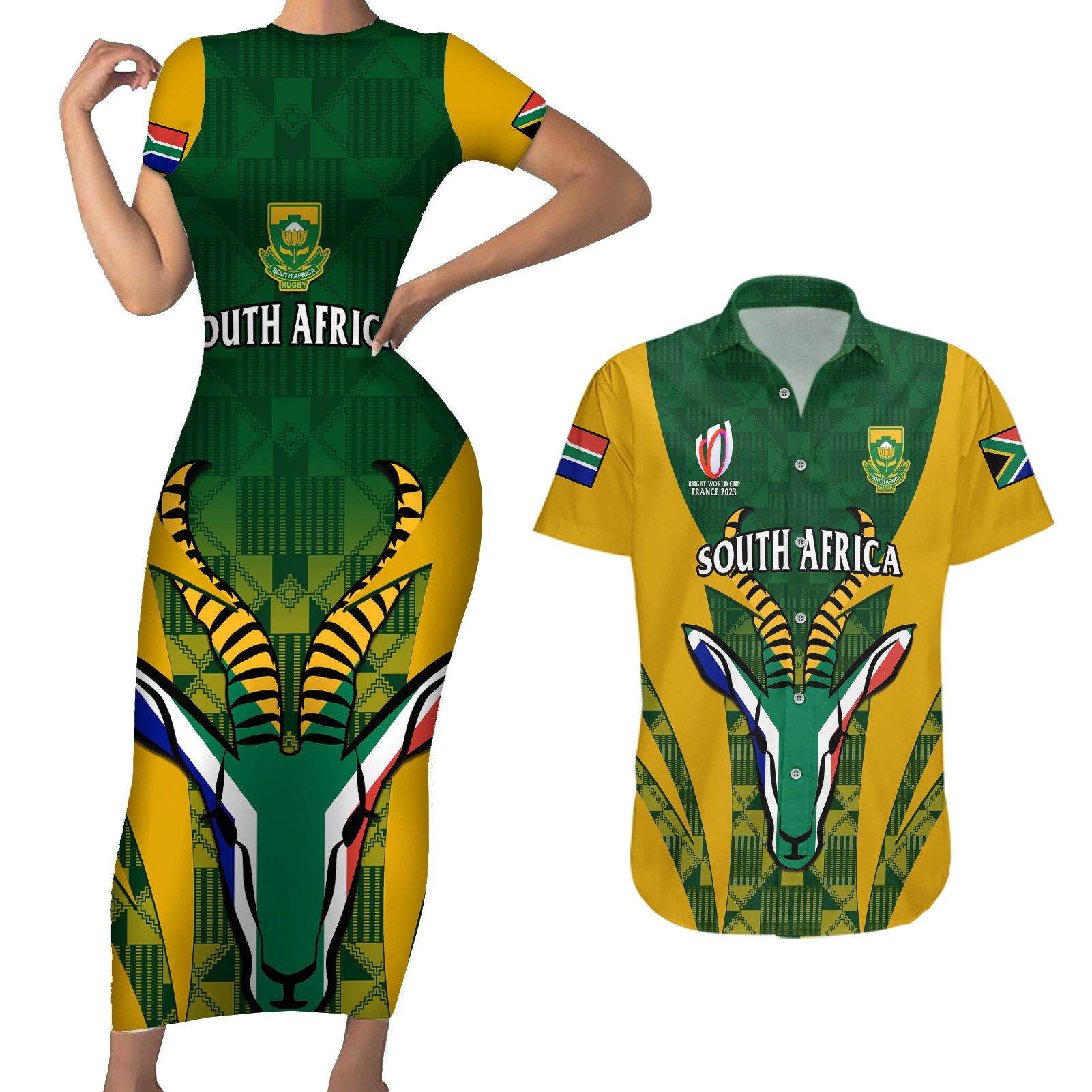 Custom South Africa Rugby Couples Matching Short Sleeve Bodycon Dress and Hawaiian Shirt Go Springboks Kente Pattern With Bokke - Wonder Print Shop