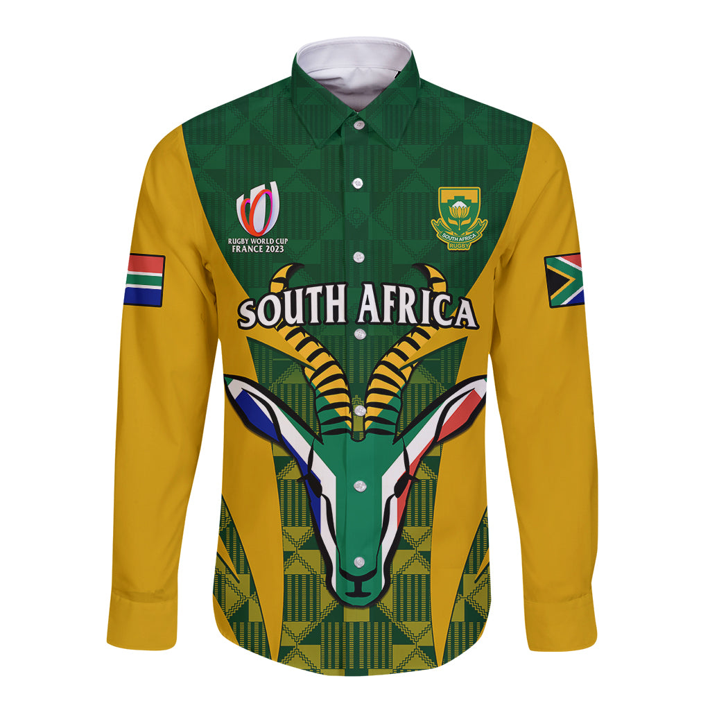 Green long-sleeve rugby button shirt with South Africa text, emblem, kente-style patterns