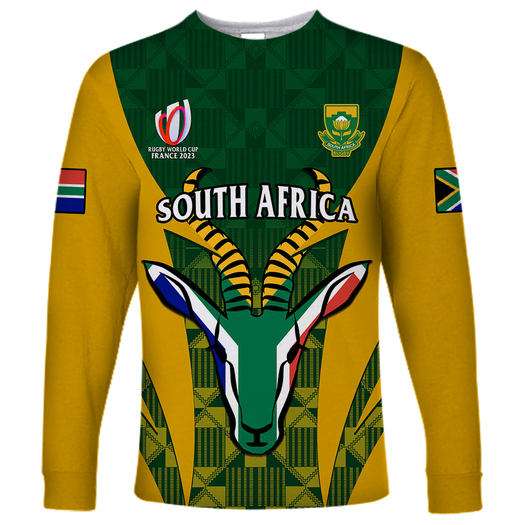 Custom South Africa Rugby Long Sleeve Shirt Go Springboks Kente Pattern With Bokke - Wonder Print Shop