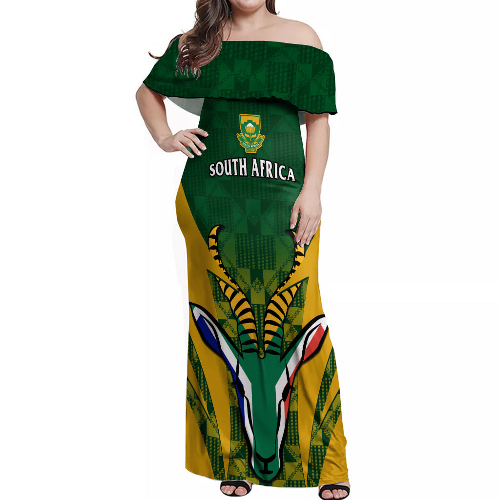 Custom South Africa Rugby Off Shoulder Maxi Dress Go Springboks Kente Pattern With Bokke - Wonder Print Shop