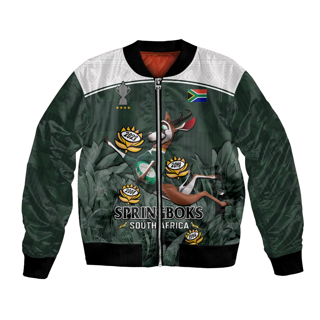 Green bomber jacket with full-zip, white yoke, Springboks graphic and flag patch