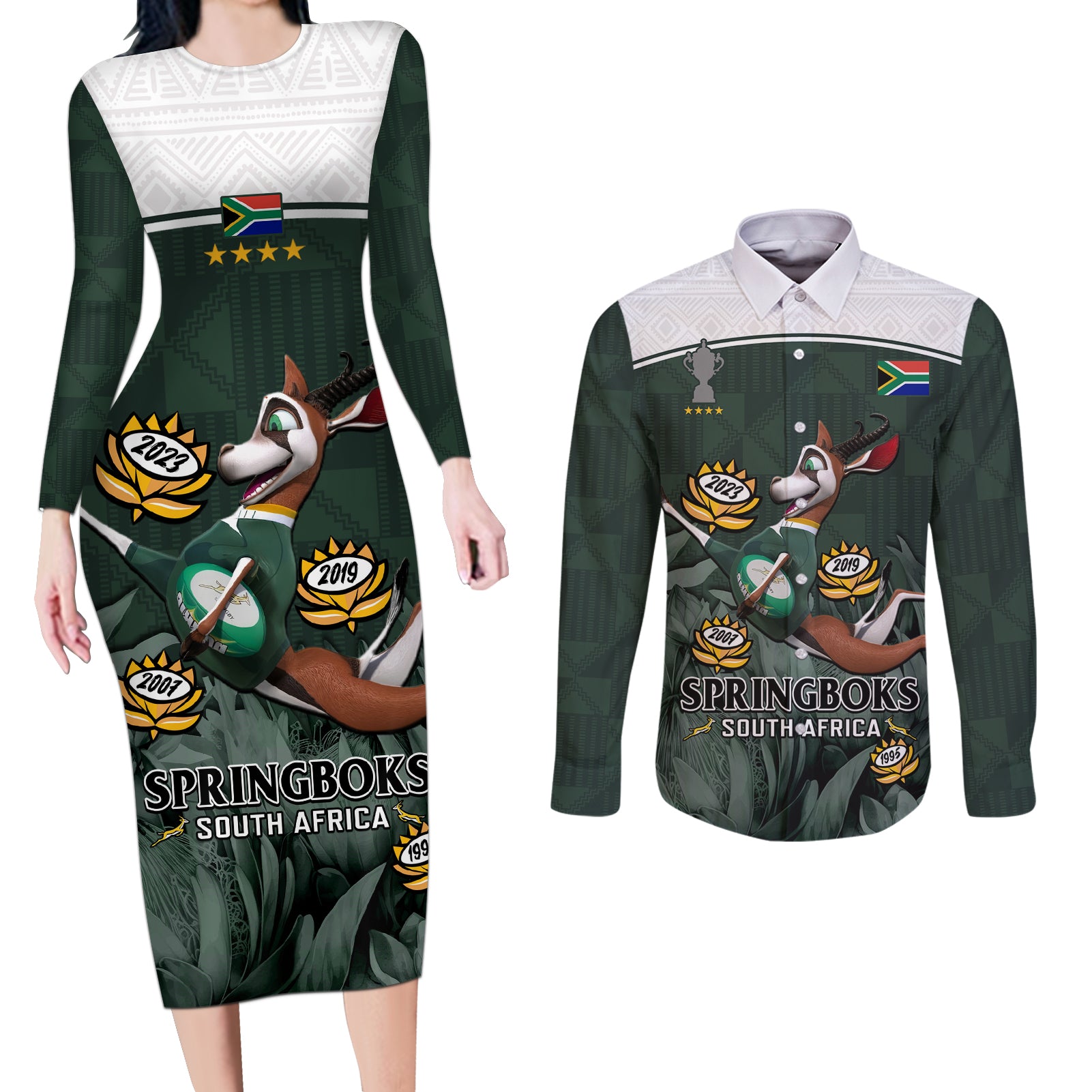 South Africa Rugby Couples Matching Long Sleeve Bodycon Dress and Long Sleeve Button Shirt Springboks 4th Champions World Cup Proud Bokke - Wonder Print Shop