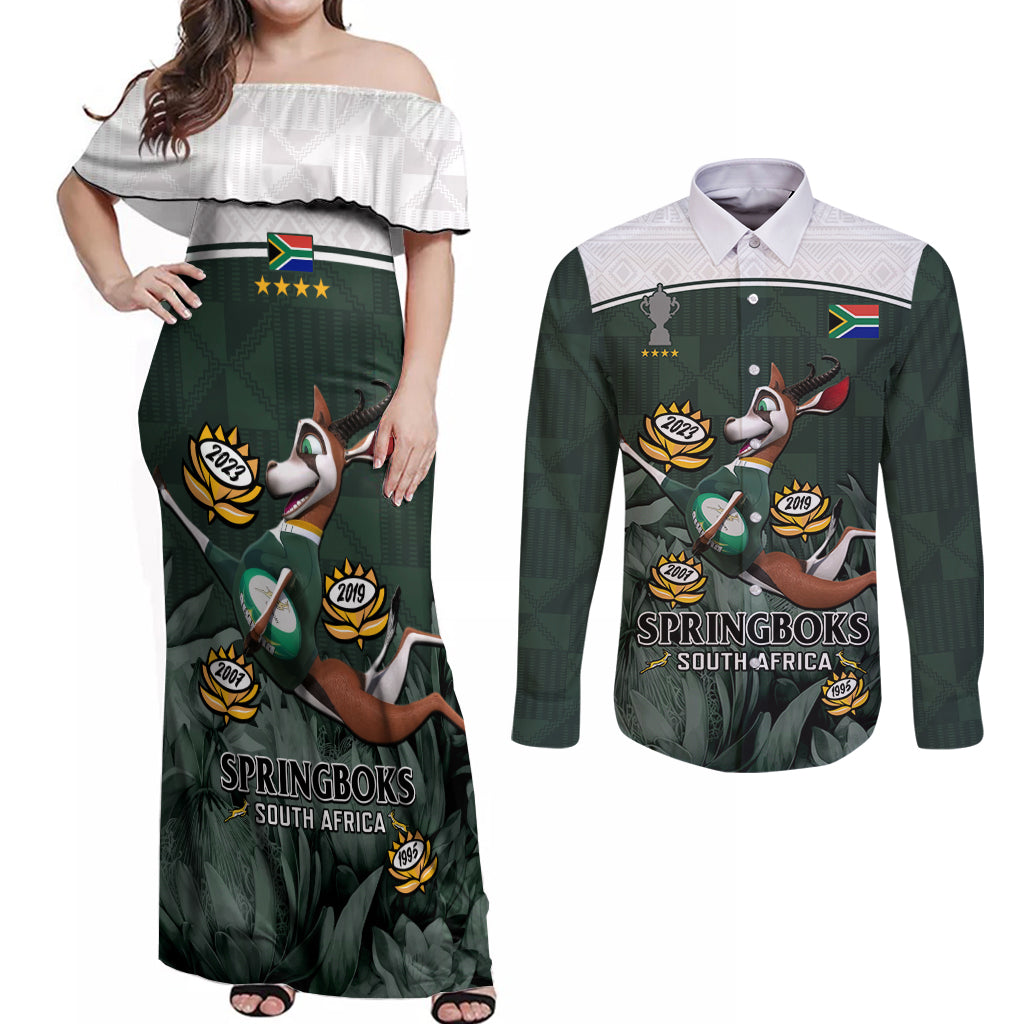 South Africa Rugby Couples Matching Off Shoulder Maxi Dress and Long Sleeve Button Shirt Springboks 4th Champions World Cup Proud Bokke - Wonder Print Shop