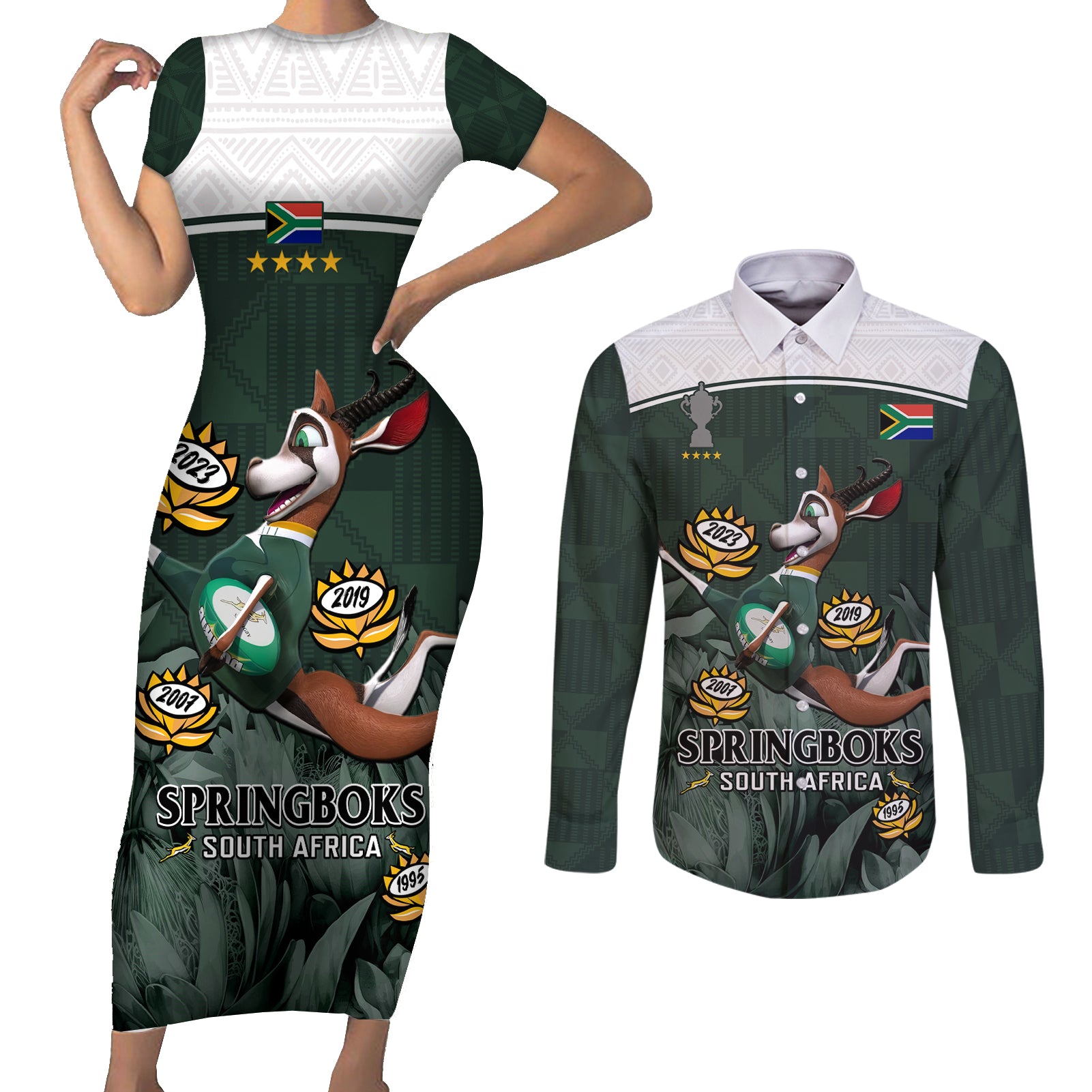 South Africa Rugby Couples Matching Short Sleeve Bodycon Dress and Long Sleeve Button Shirt Springboks 4th Champions World Cup Proud Bokke - Wonder Print Shop