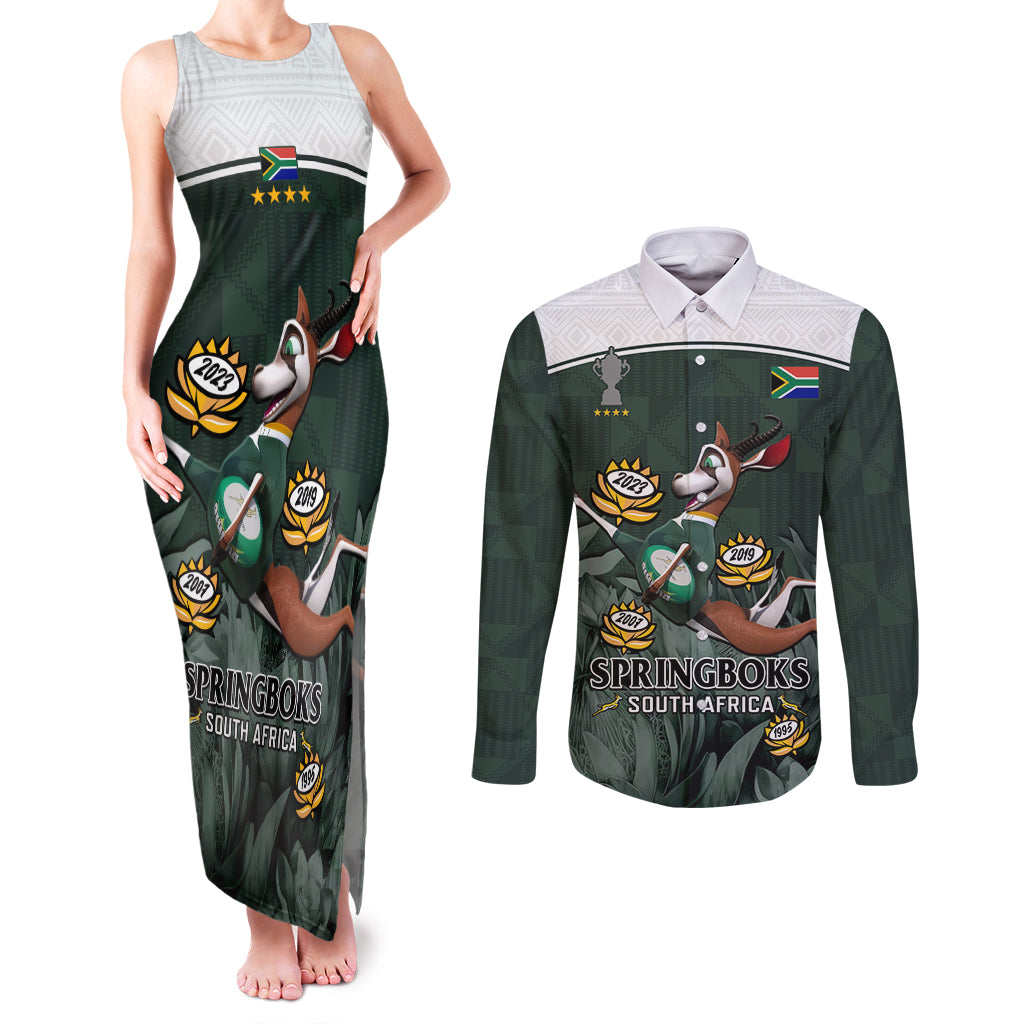 South Africa Rugby Couples Matching Tank Maxi Dress and Long Sleeve Button Shirt Springboks 4th Champions World Cup Proud Bokke - Wonder Print Shop