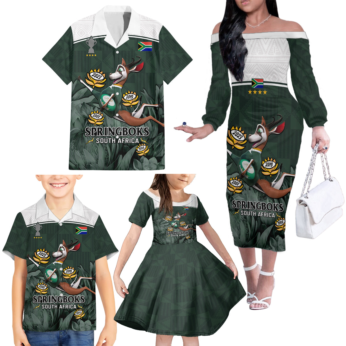 South Africa Rugby Family Matching Off Shoulder Long Sleeve Dress and Hawaiian Shirt Springboks 4th Champions World Cup Proud Bokke - Wonder Print Shop