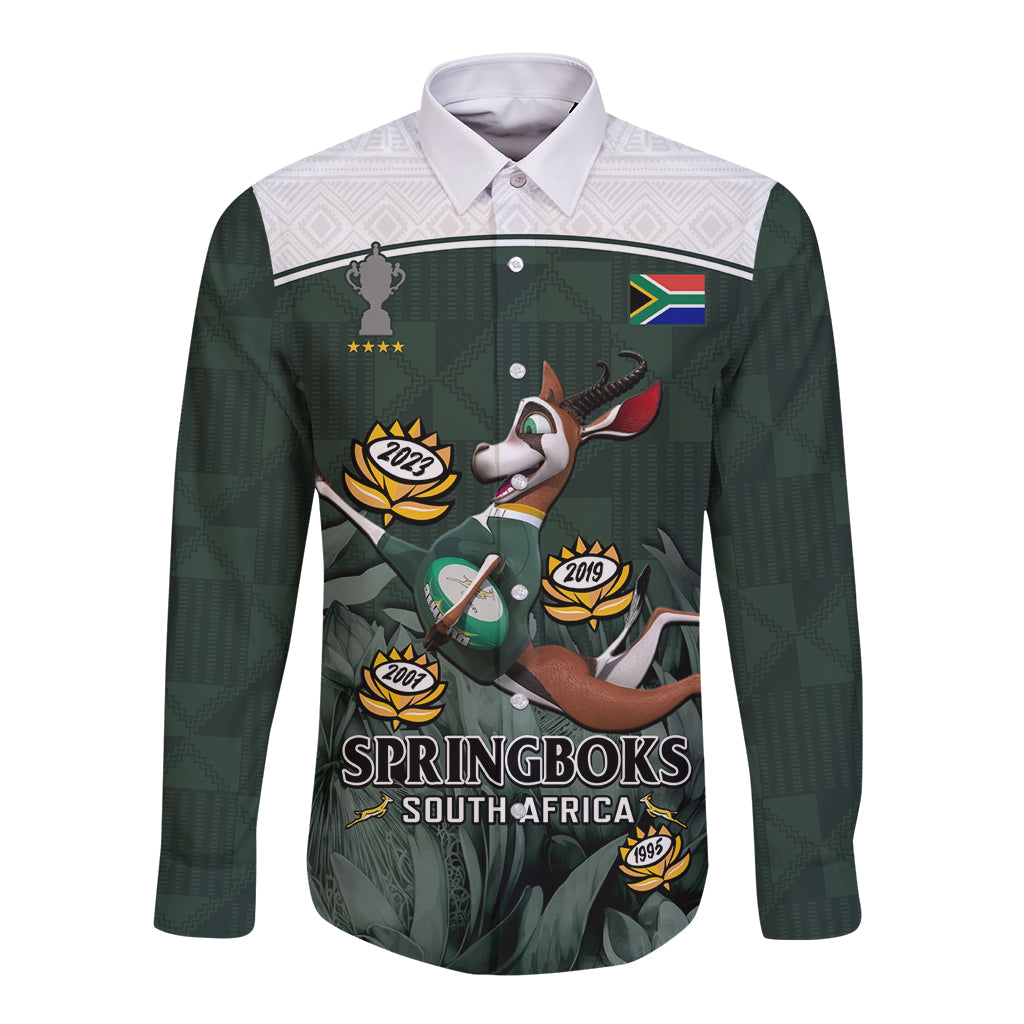 South Africa Rugby Long Sleeve Button Shirt Springboks 4th Champions World Cup Proud Bokke - Wonder Print Shop