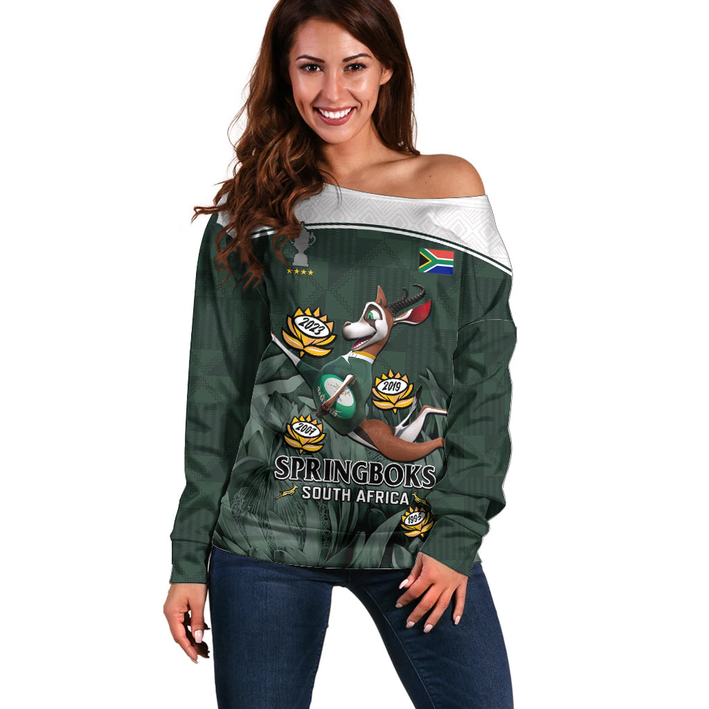 South Africa Rugby Off Shoulder Sweater Springboks 4th Champions World Cup Proud Bokke - Wonder Print Shop